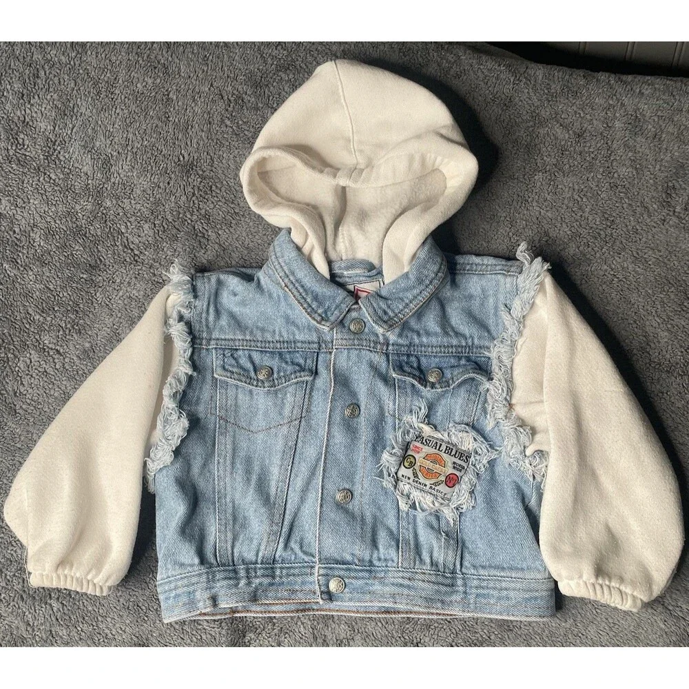Vintage 90s Kids 24M Denim Jean Jacket Hoodie Toddler Baby Blue Casual Time